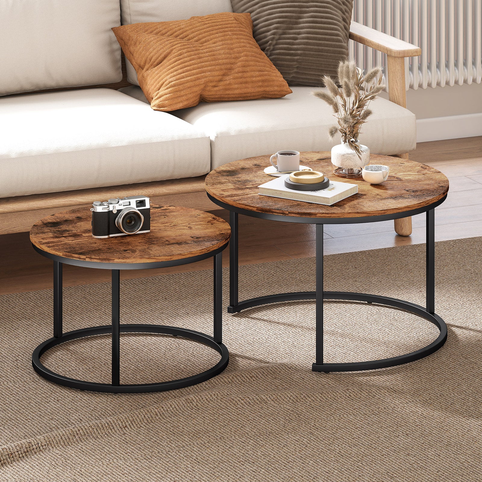 HOMCOM Marble Coffee Table Set Of 2, Round Nest Of Tables, Rustic Brown