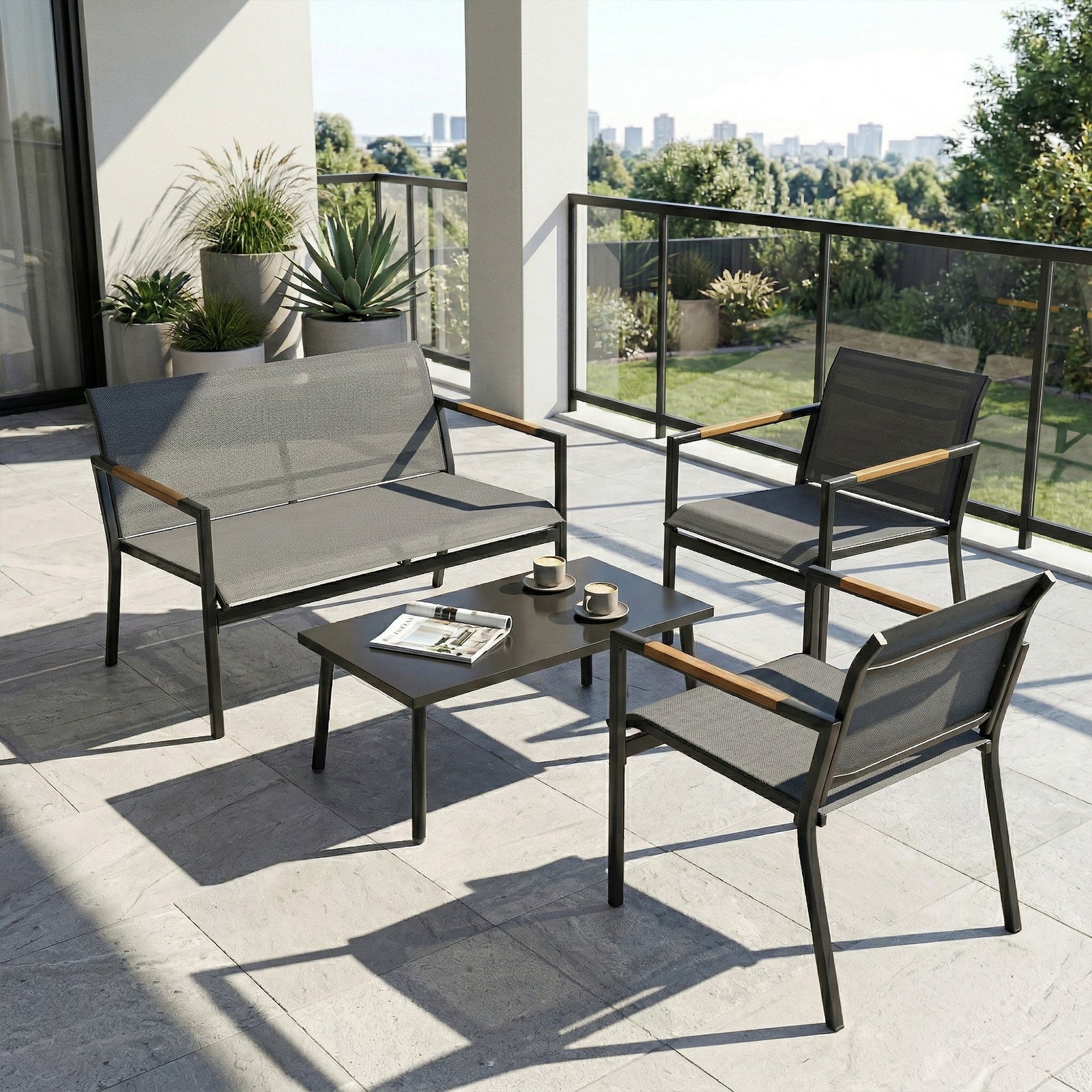 4 Seater Garden Furniture Set, Metal Garden Sofa Set | Grey