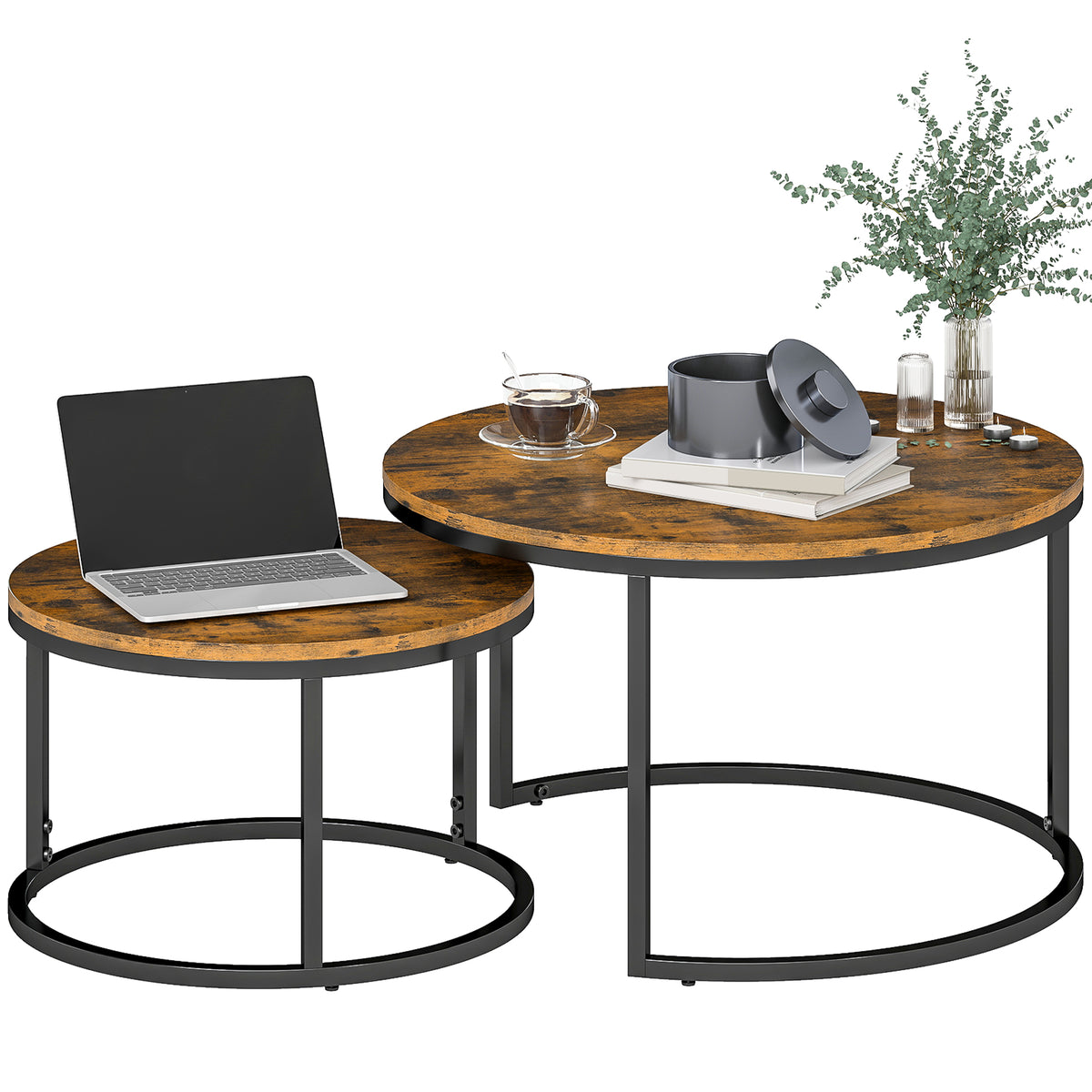 2 Pcs Stacking Coffee Table Set With Steel Frame | Rustic Brown