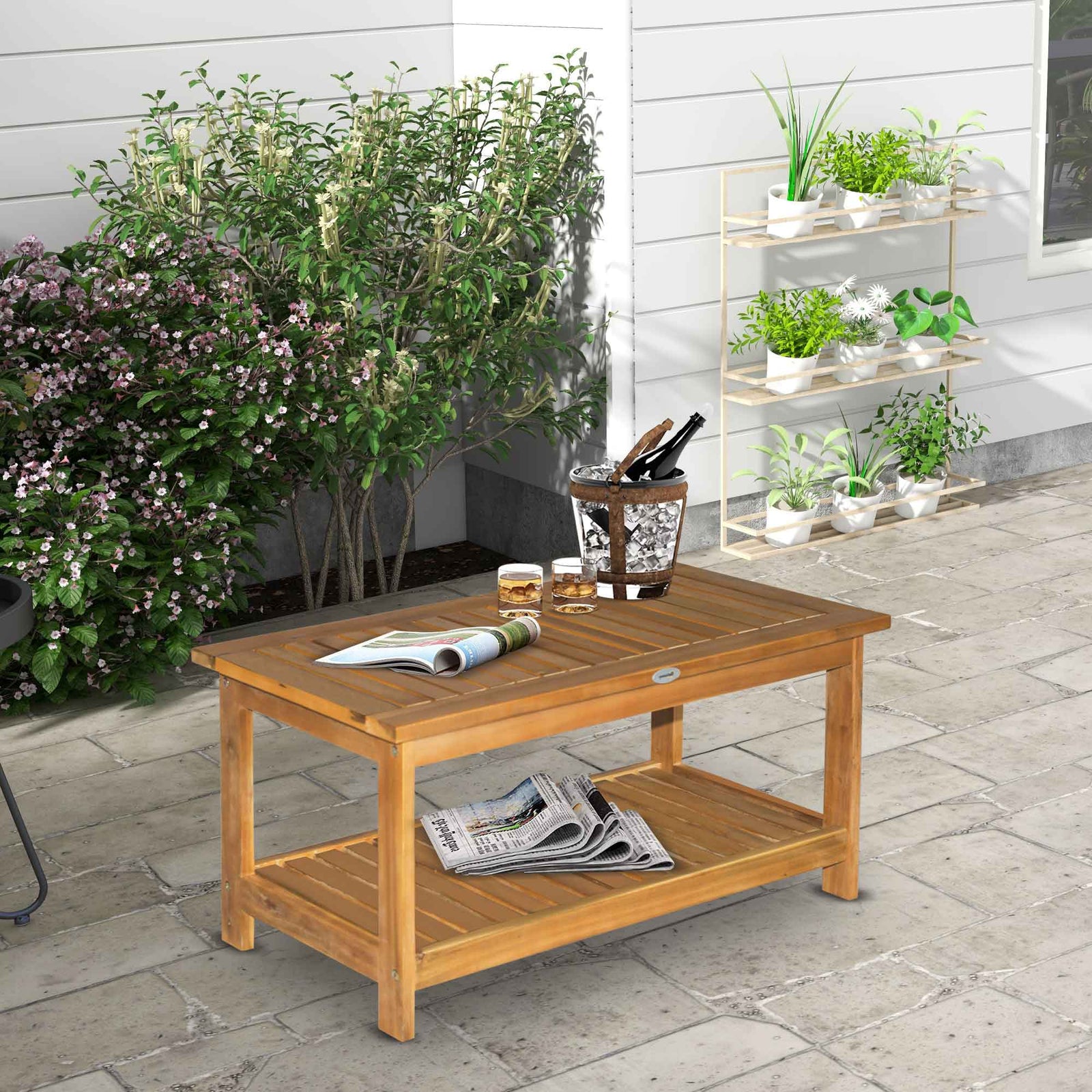 2-tier Outdoor Coffee Table, Wood Tea Table, Slat Design