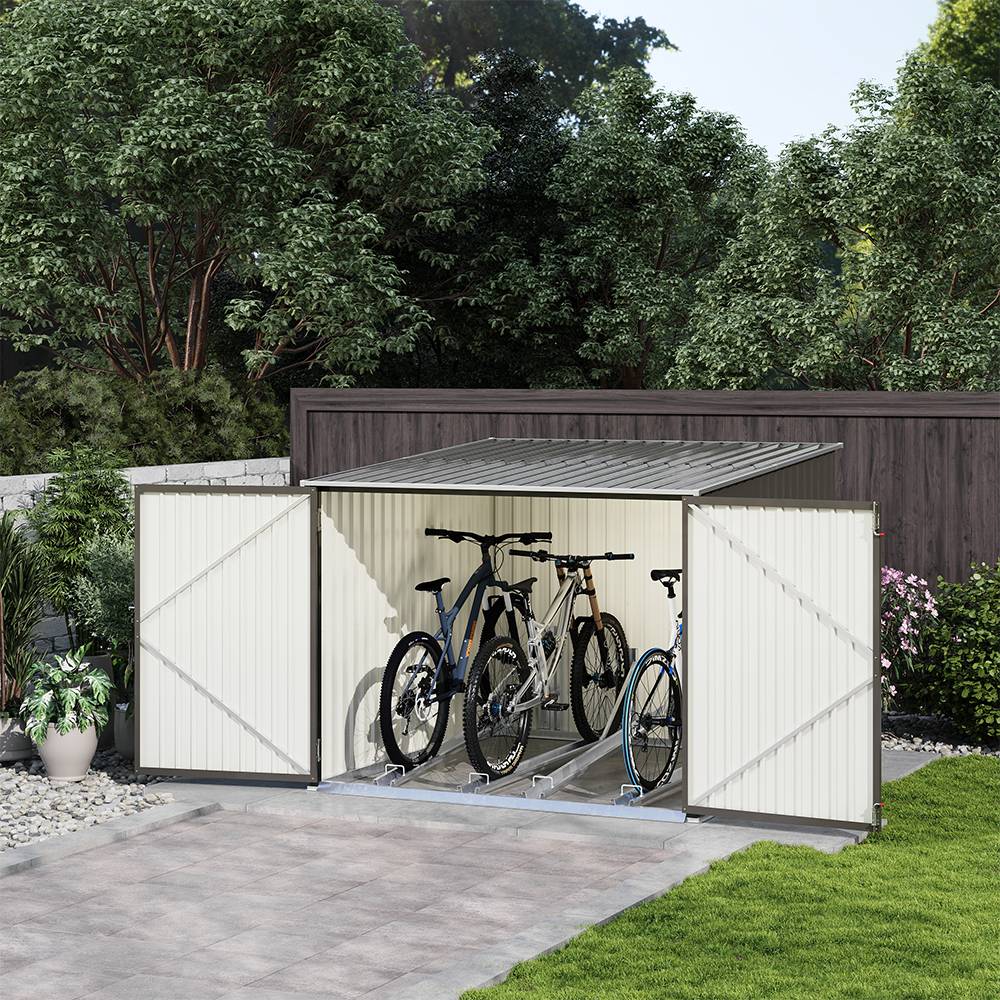 Outdoor Storage Shed Lockable Metal Tool House With Double Doors Fits 2/4 Bikes | Large | Grey