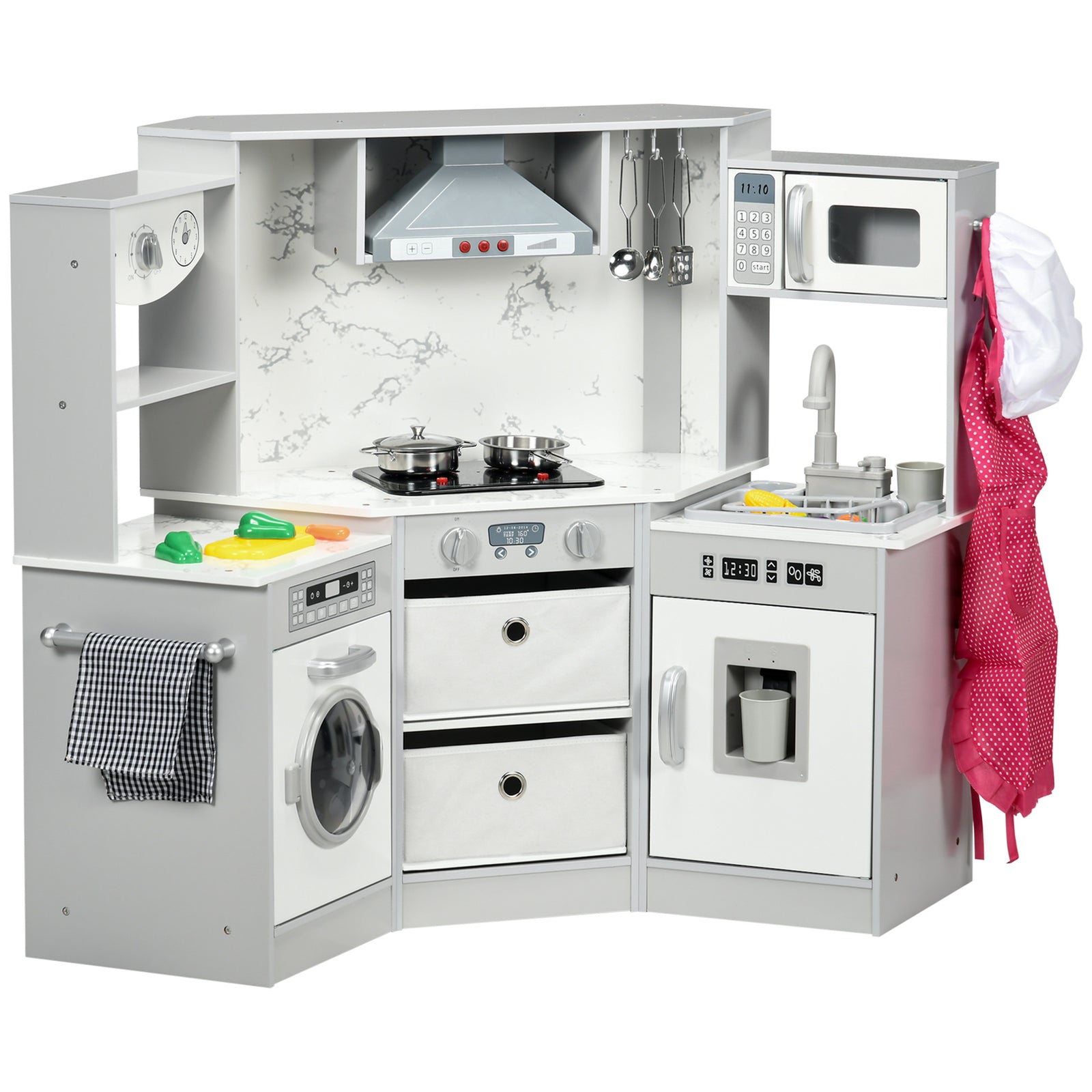 Toy Kitchen Playset W/ Running Water, Apron And Chef Hat - Grey