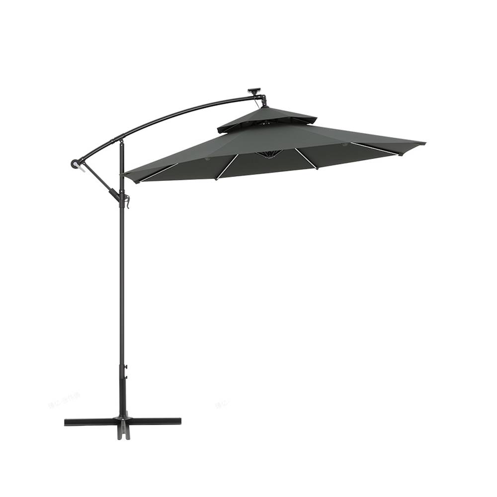 3m Double-top Cantilever Parasol,outdoor Parasol With 8 Led Tubes, Crank Lift With Cross Base