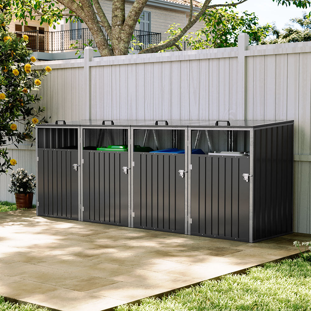 4 Bin Storage Shed – Heavy-duty Galvanized Steel Outdoor Bin Store With Lift-up Lids & Lockable Doors | Anthracite