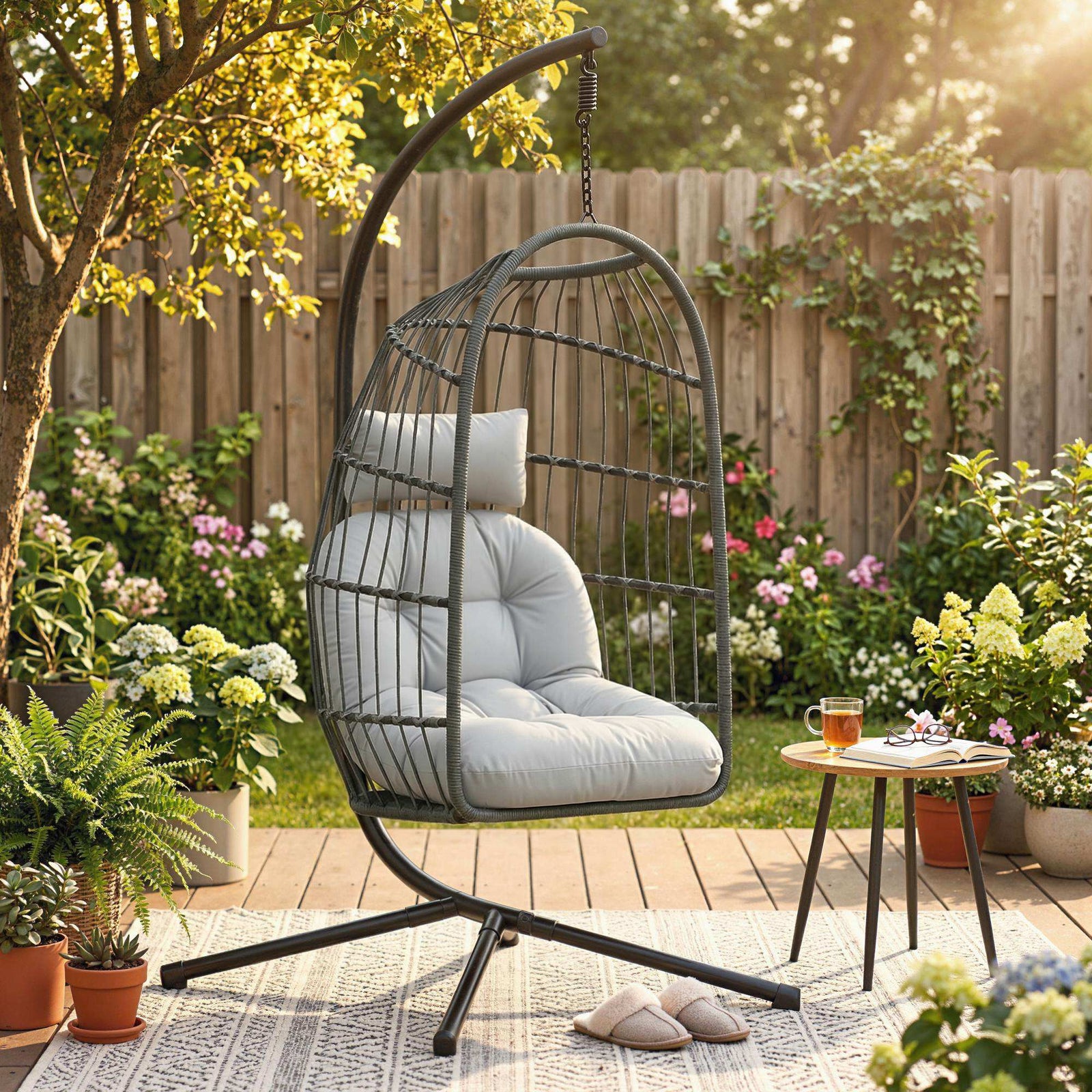Hanging Egg Chair, Outdoor Swing Chair With Stand | Dark Grey