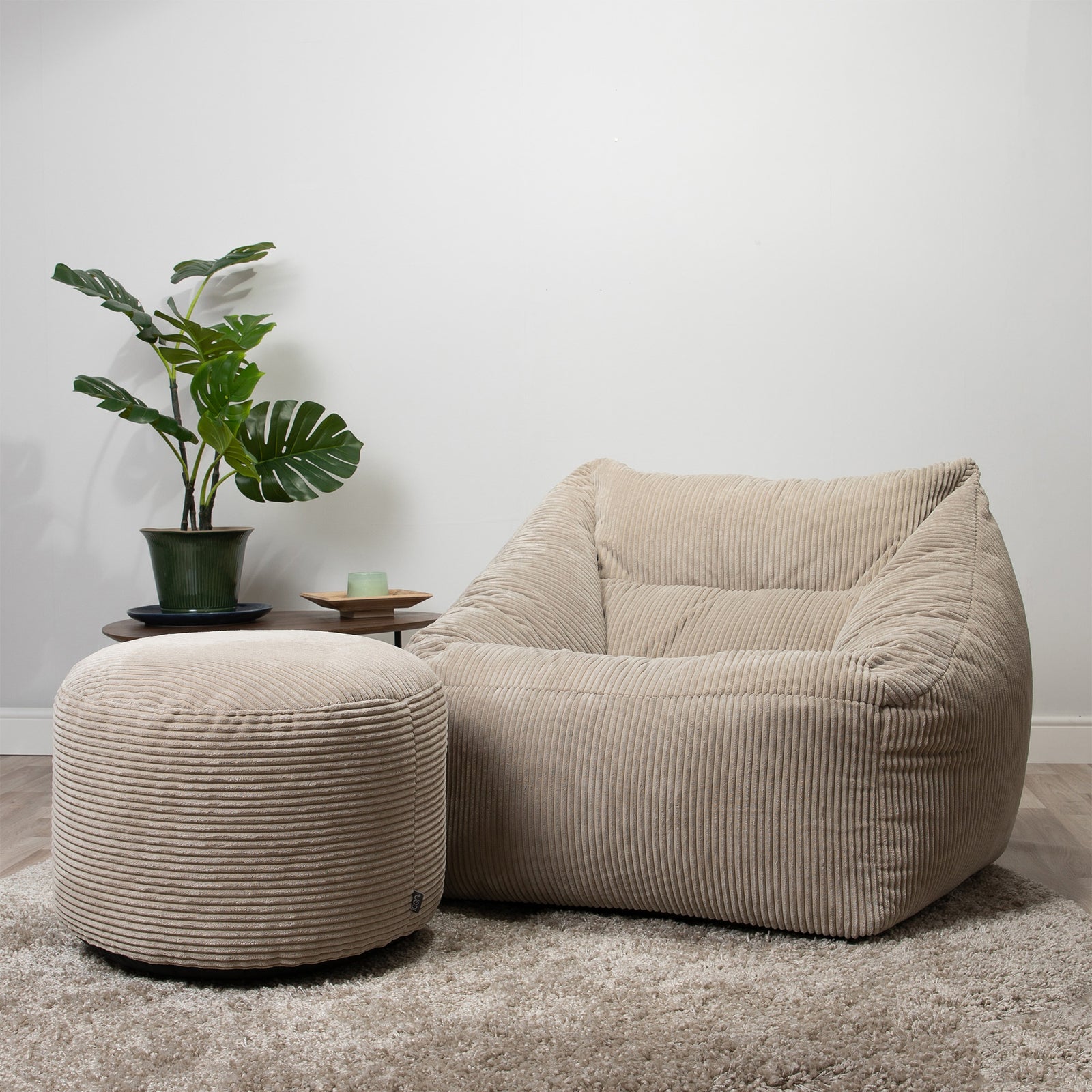 Morgan Cord Armchair & Pouffe Set | Beige