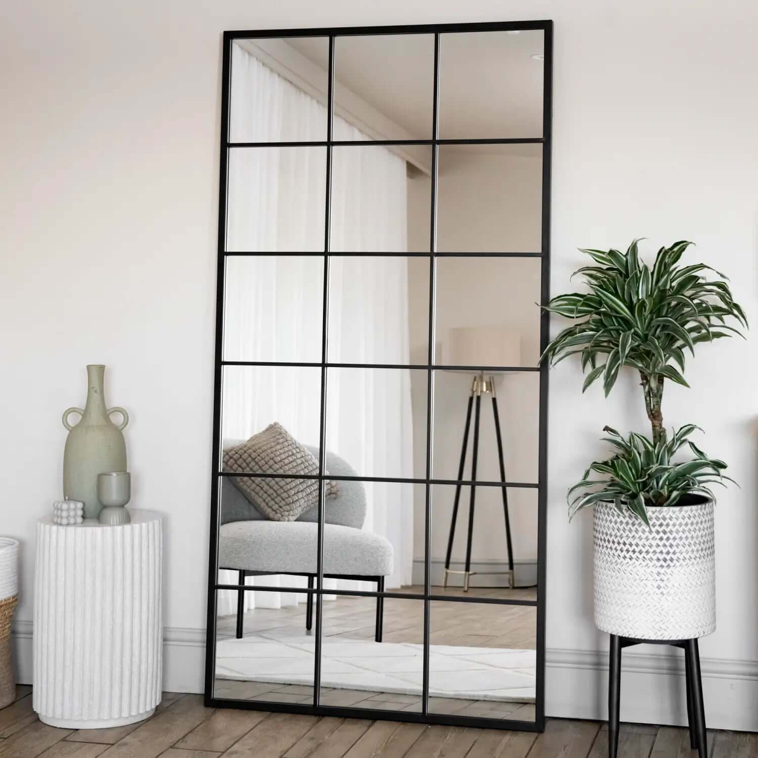 Kyō - Metal Rectangle Lattice Window Mirror | 180cm x 90cm | Black