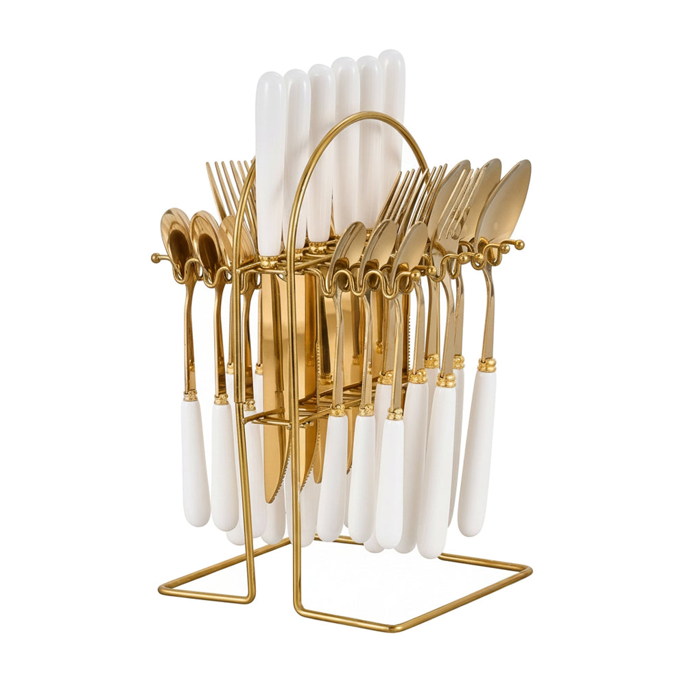 24-piece Stainless Steel Cutlery Set With Storage Rack | White