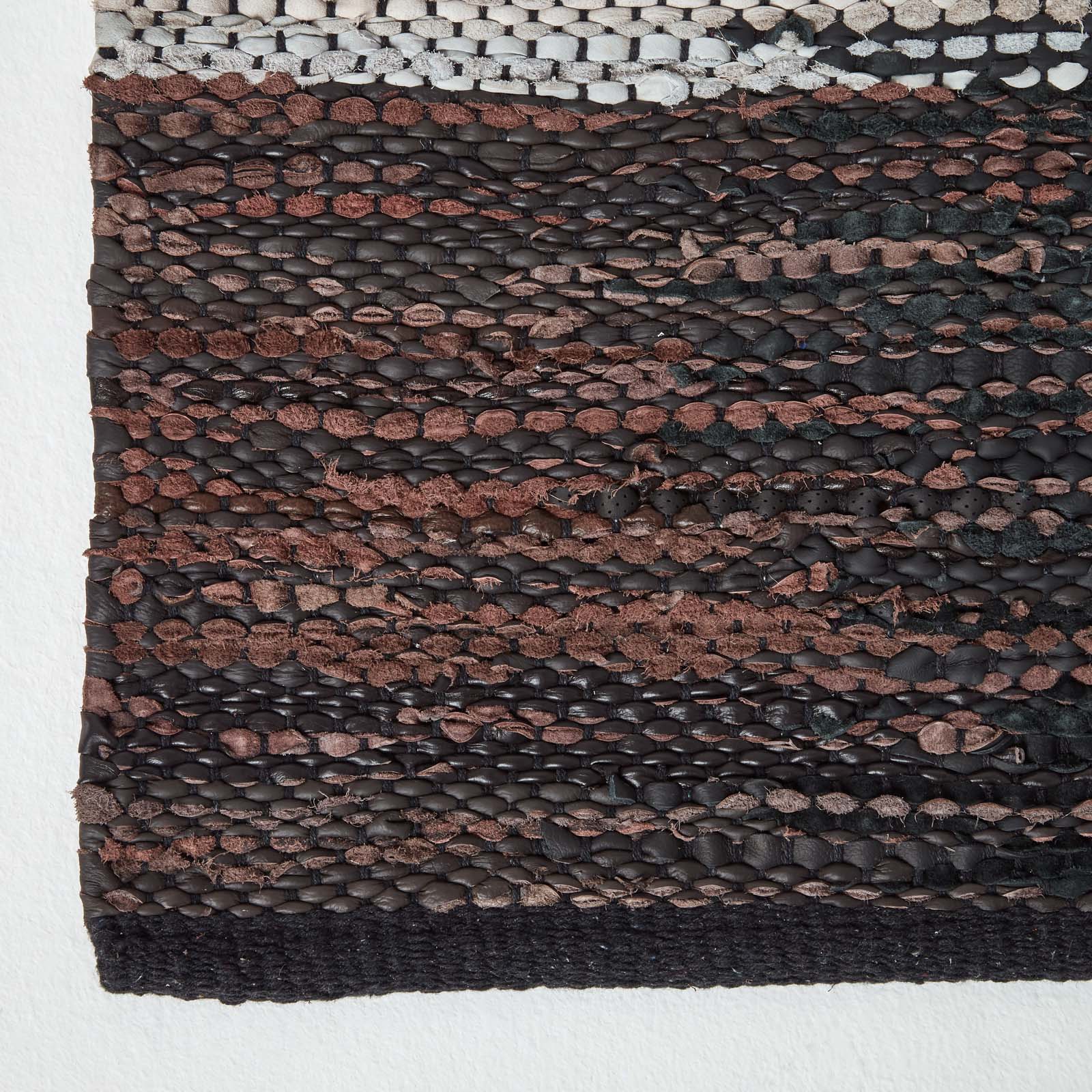 Black, Grey & Brown Real Leather Handwoven Cutshuttle Rug | 150cm x 240cm | Black & Brown