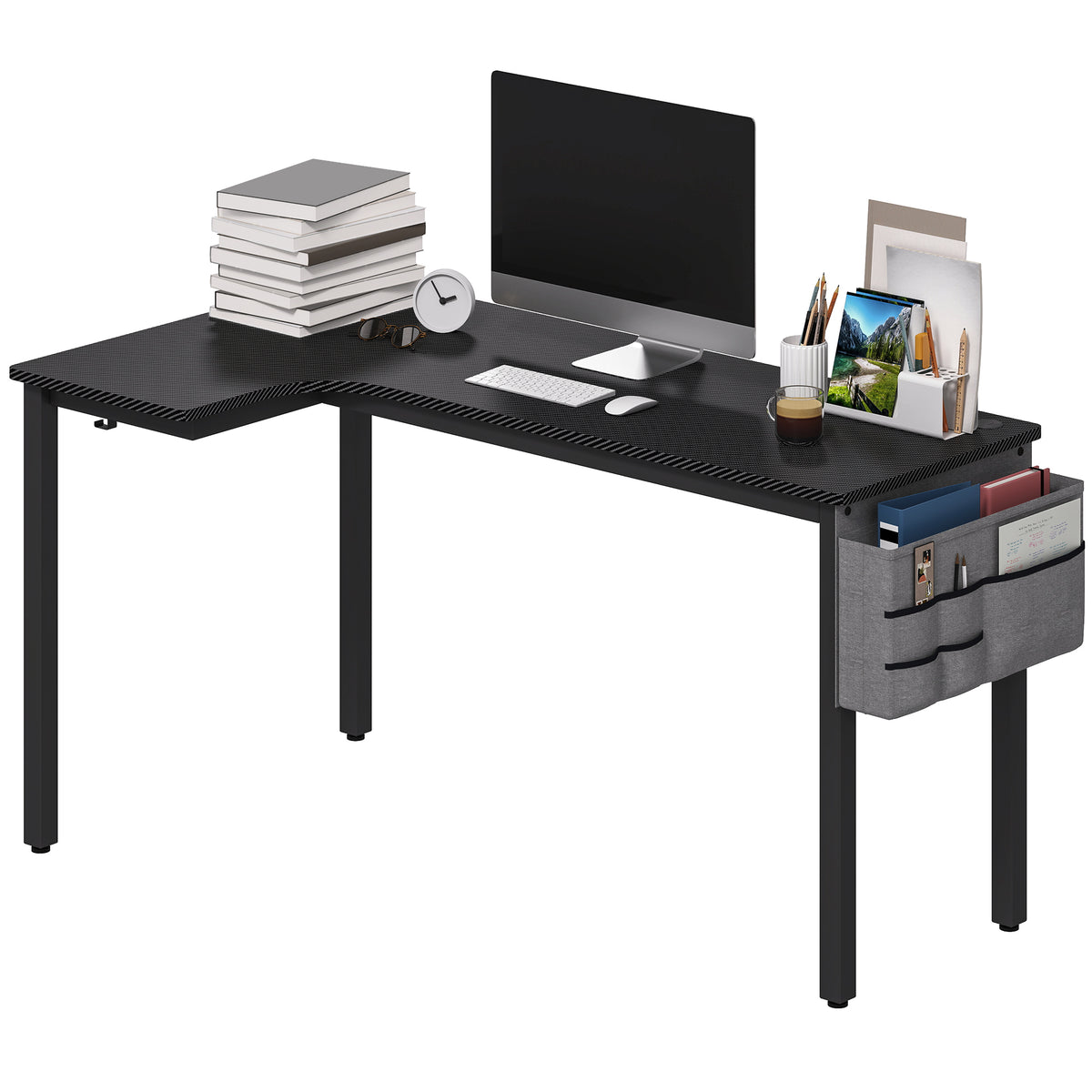 HOMCOM L-shaped Corner Desk Computer With Fabric Bag And Hooks, Black