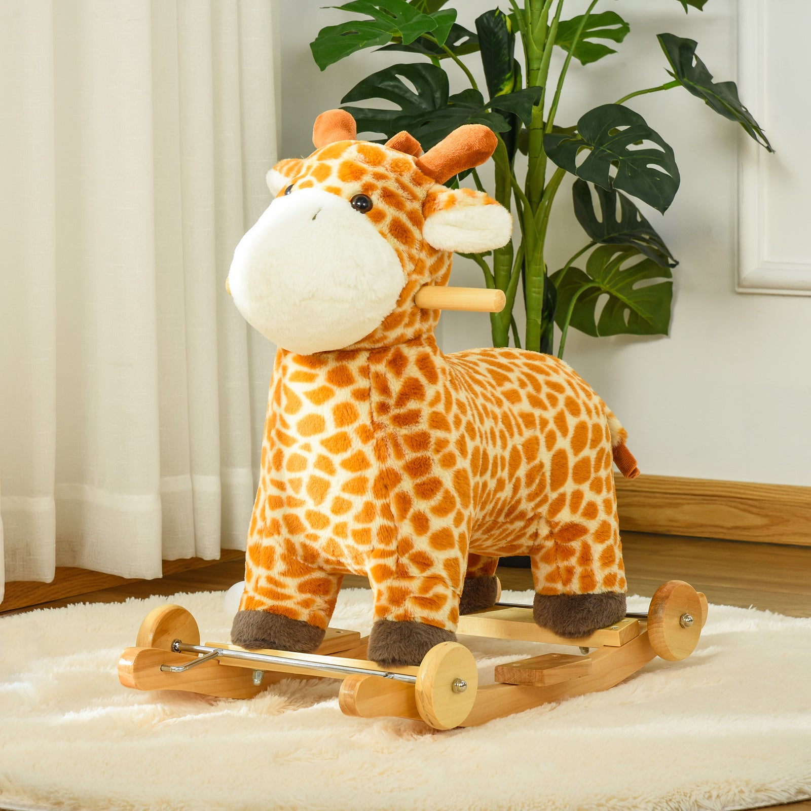 2-in-1 Kids Plush Ride-on Rocking Gliding Horse Giraffe-shaped Yellow