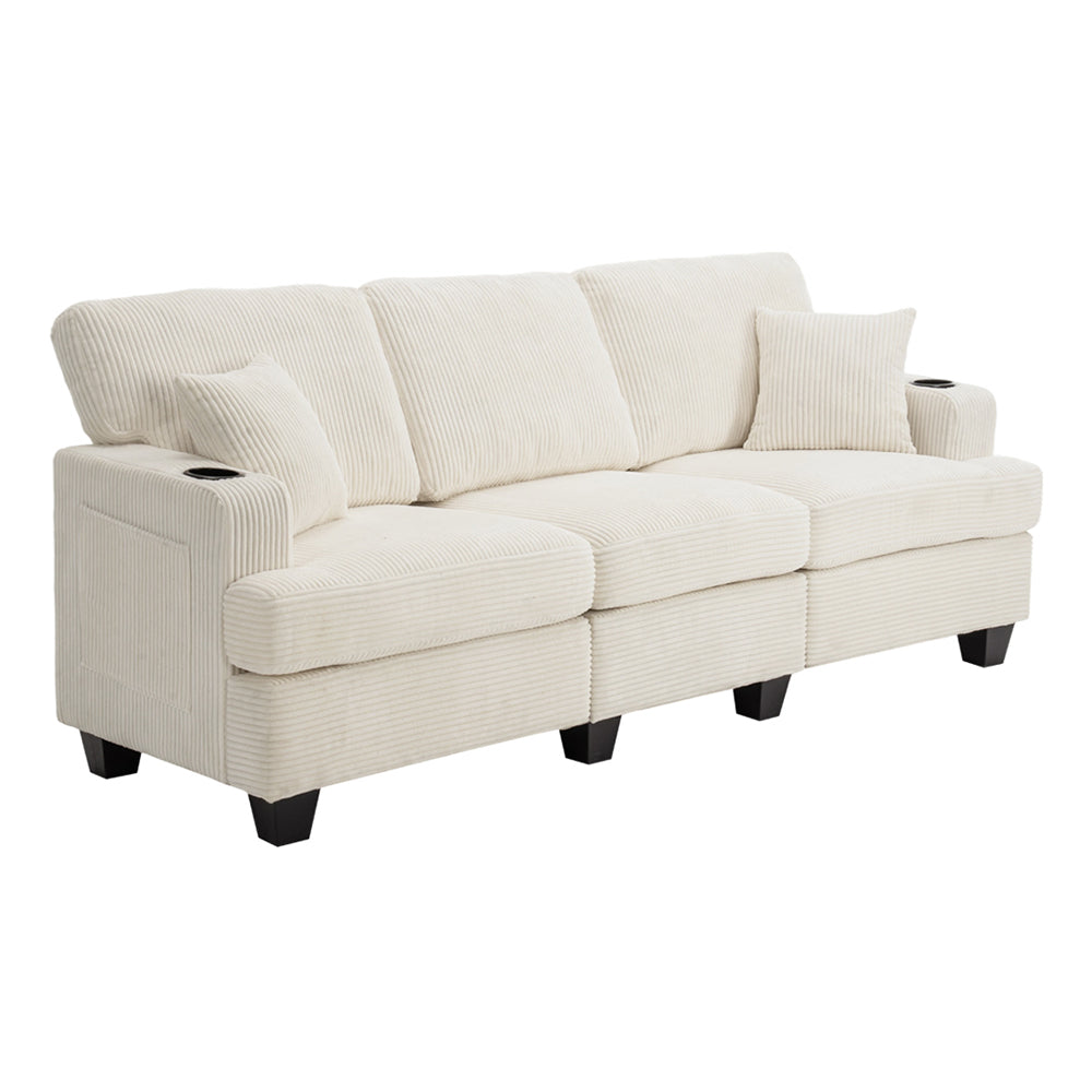 Corduroy 3-seater Couch For Living Room With Cup Holders, Wooden Frame, Soft Cushions, Modern Sofa | Beige