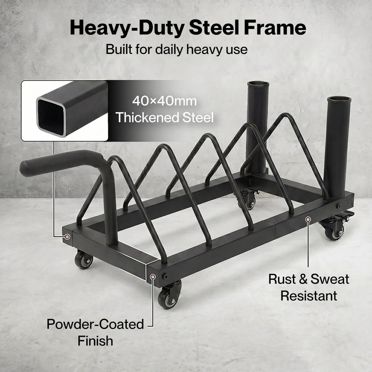 Centra Weight Plate Rack With 4 Plate Slots Wheels Horizontal Barbell Storage