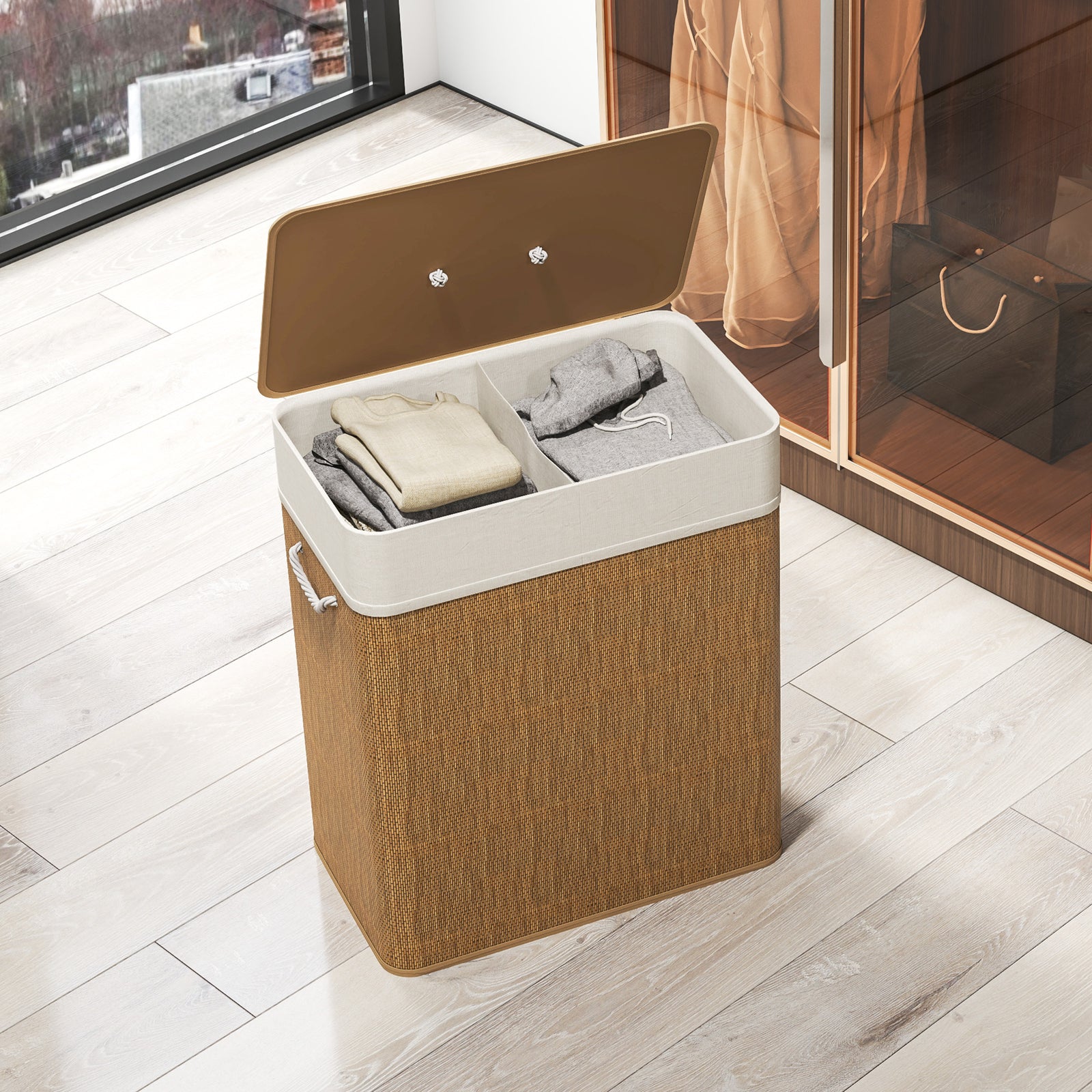 100l Laundry Basket With Lid, Washing Basket For Bathroom | Brown