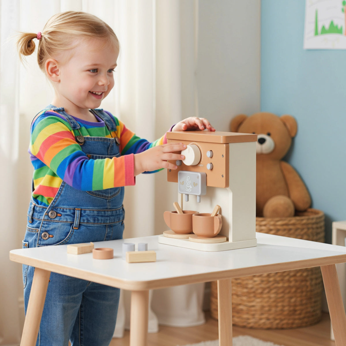 AIYAPLAY Kids Wooden Coffee Machine Toy, Pretend Role Play Toy