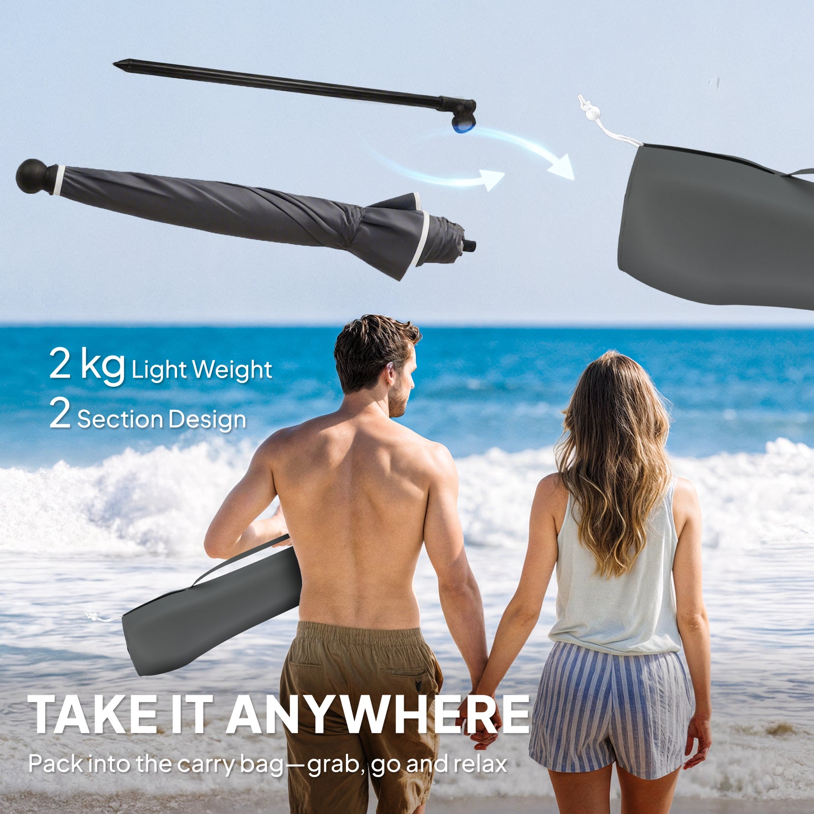 1.8 M Beach Umbrella Parasol With Sand Anchor, Tilt | Grey