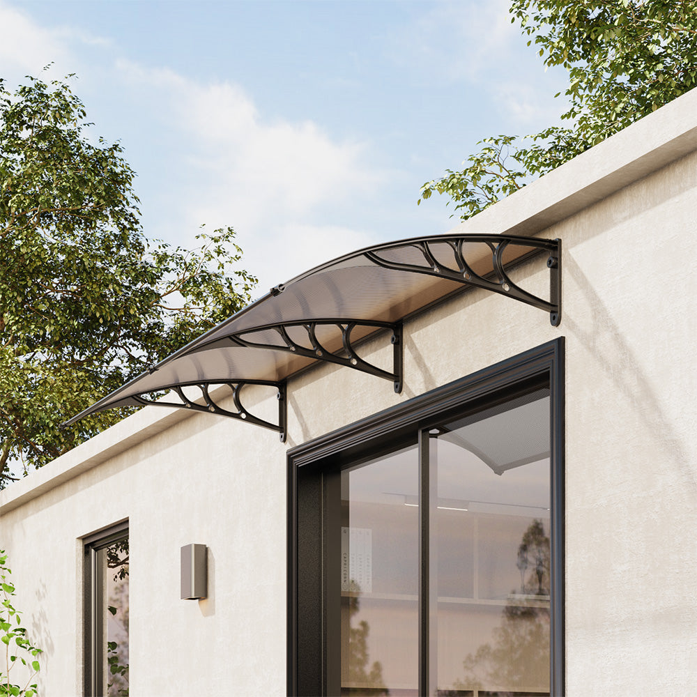 1-2.7m Curved Outdoor Door Window Awning Canopy - Transparent Brown PET Plastic Elegant Sun Rain Cover | Large | Brown