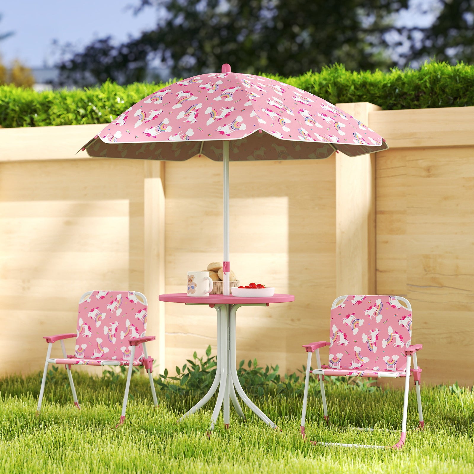 Kids Garden Furniture With 2 Folding Chairs And Umbrella, Pink