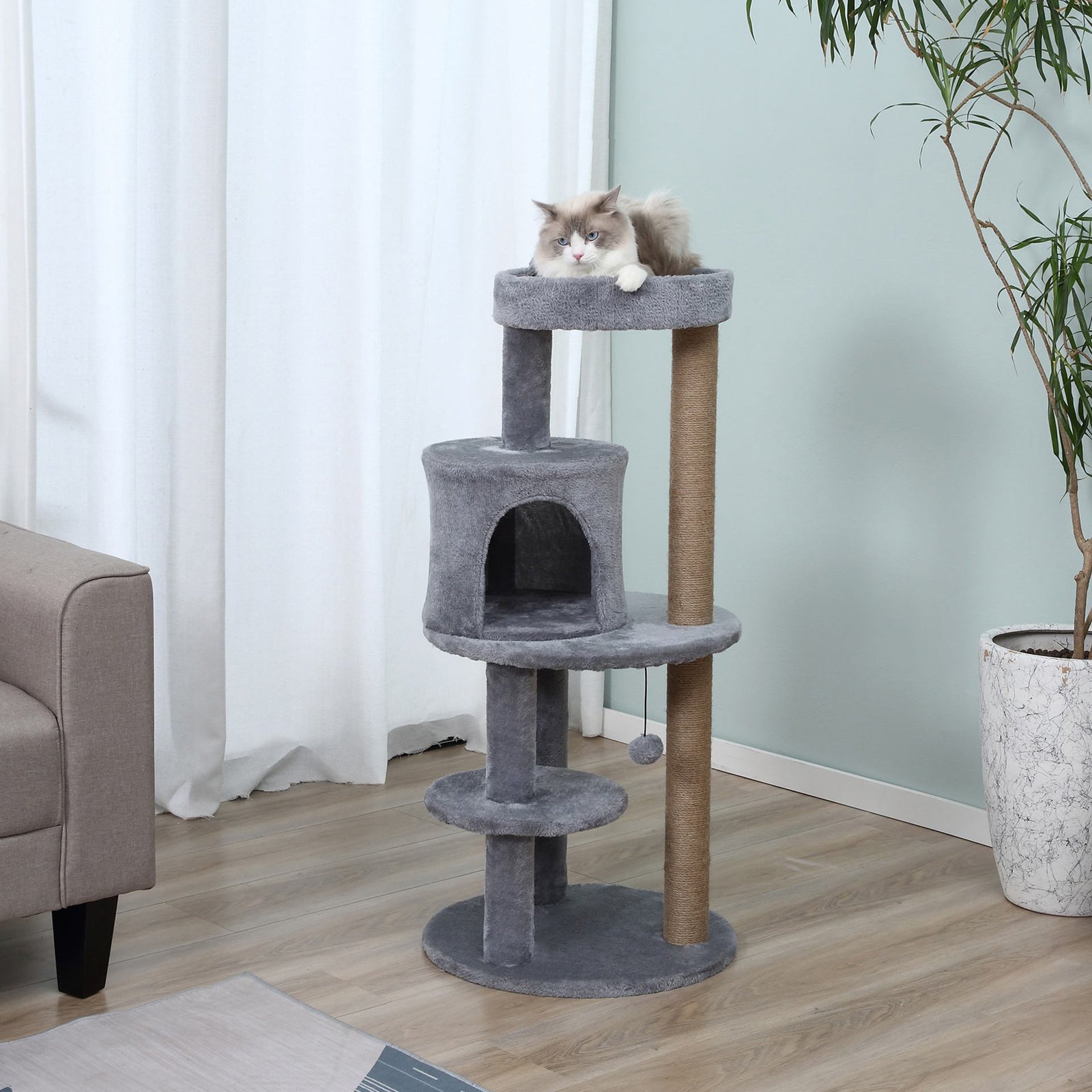 4 Tiers 104cm Cat Tree W/ Scratching Posts Perches  Hanging Ball | Gray