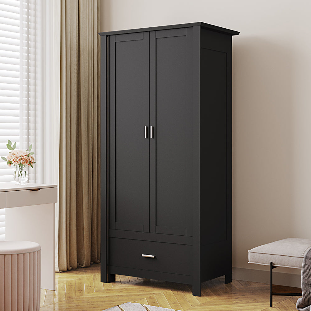Modern Double-door Wardrobe With Drawer & Hanging Rail | Black