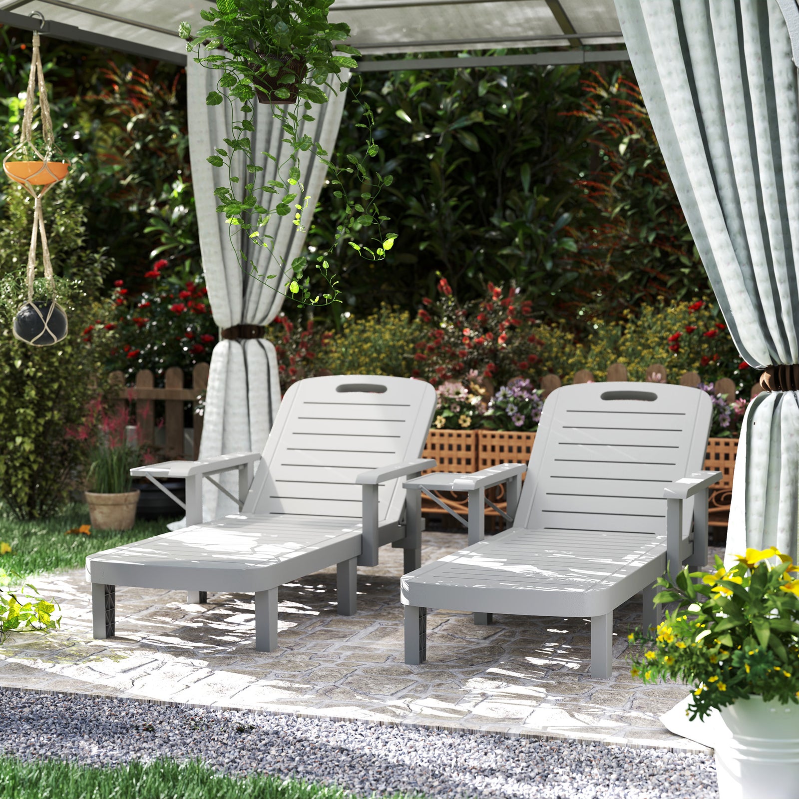 Set Of 2 Resin Reclining Sun Loungers For Garden | Light Grey