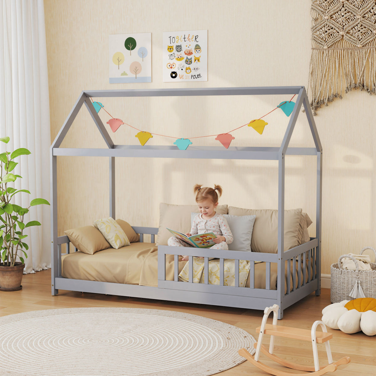 House-shaped Kids Bed Frame With Guard Rails For Boys Girls | Grey
