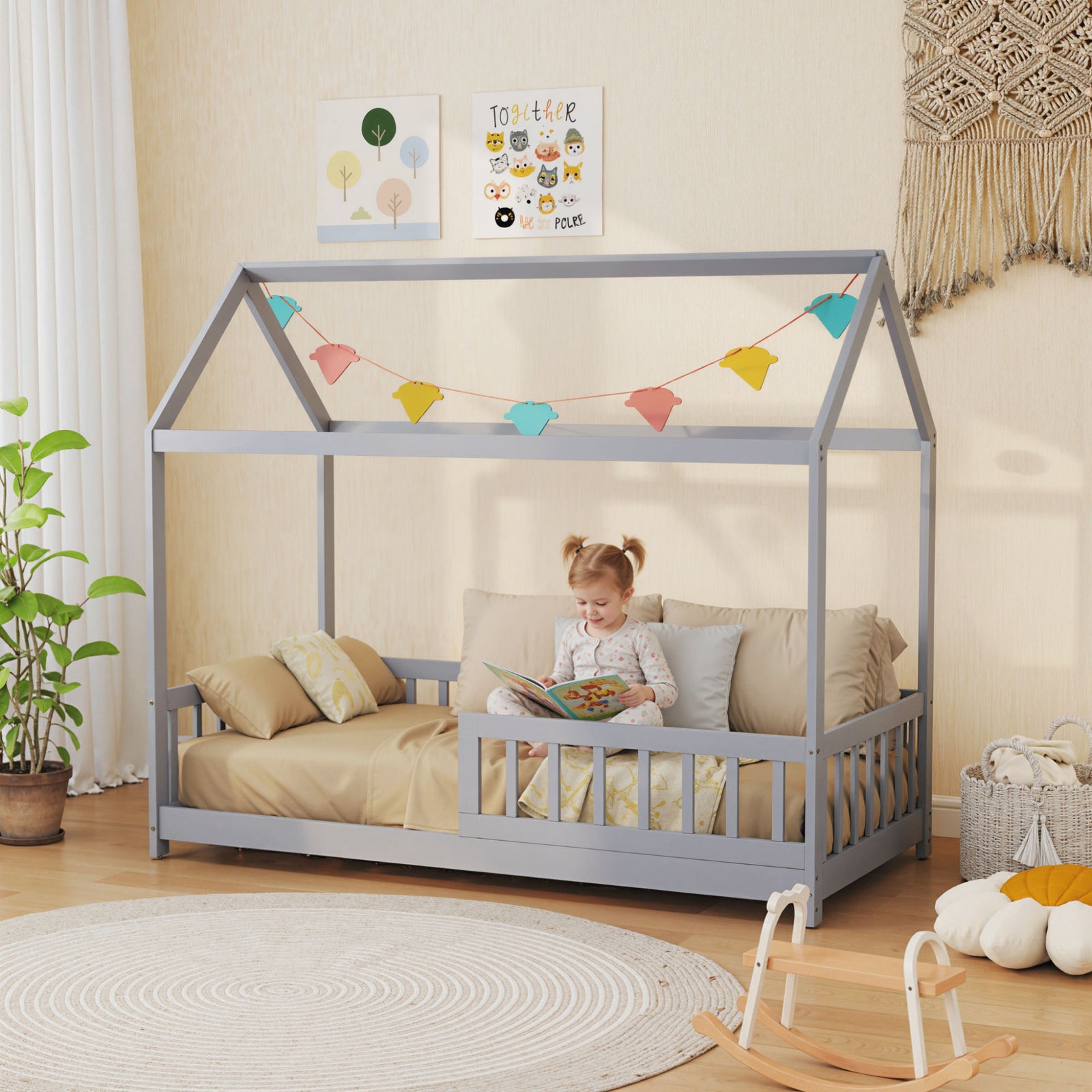 House-shaped Kids Bed Frame With Guard Rails For Boys Girls | Grey