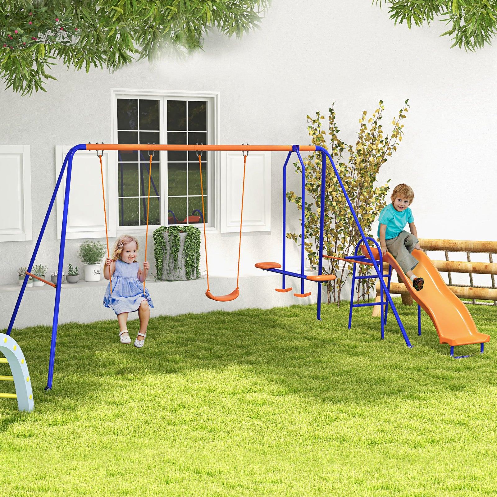4 In 1 Metal Kids Swing Set W/ Double Swings, Glider, Slide, Ladder