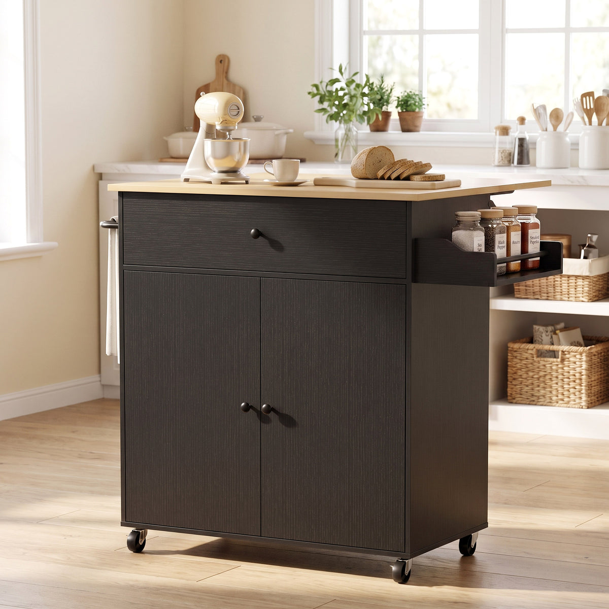 Kitchen Island With Drop Leaf, Rolling Kitchen Storage Trolley | Black