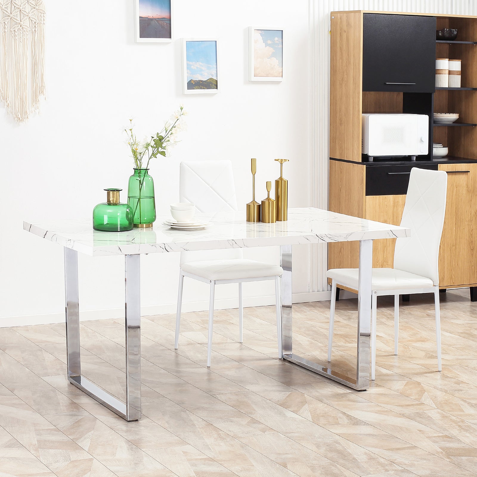 Modern Dining Table With Marble Effect Top Steel Legs