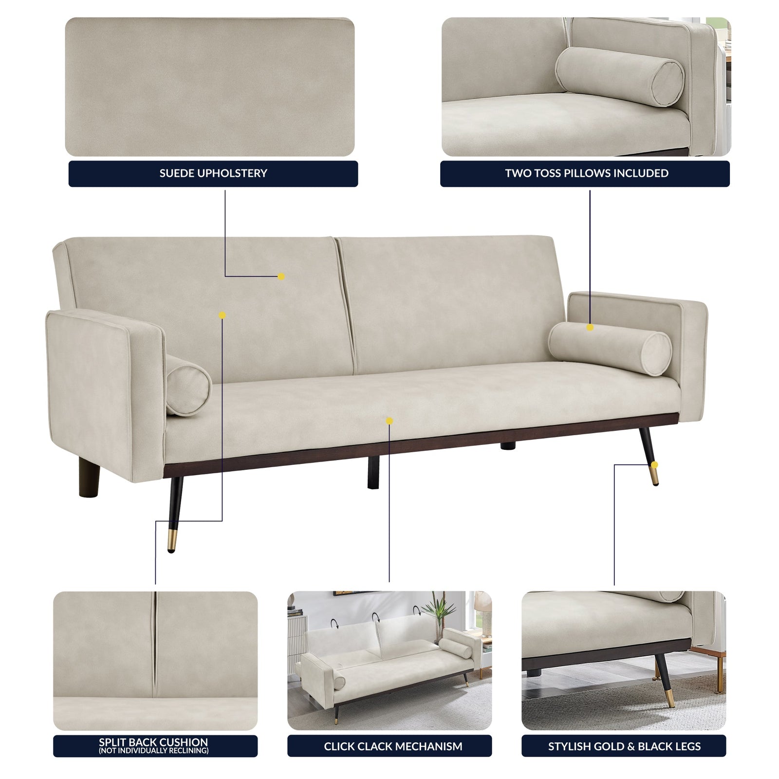Faux Suede Click-clack Sofa Bed - 3 Seater | Cream