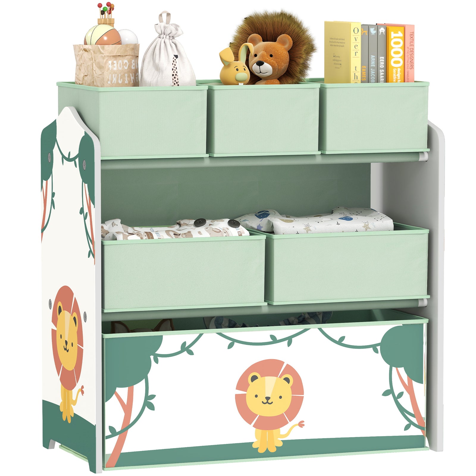 3-tier Kids Storage Shelf With 6 Removable Fabric Boxes | Green
