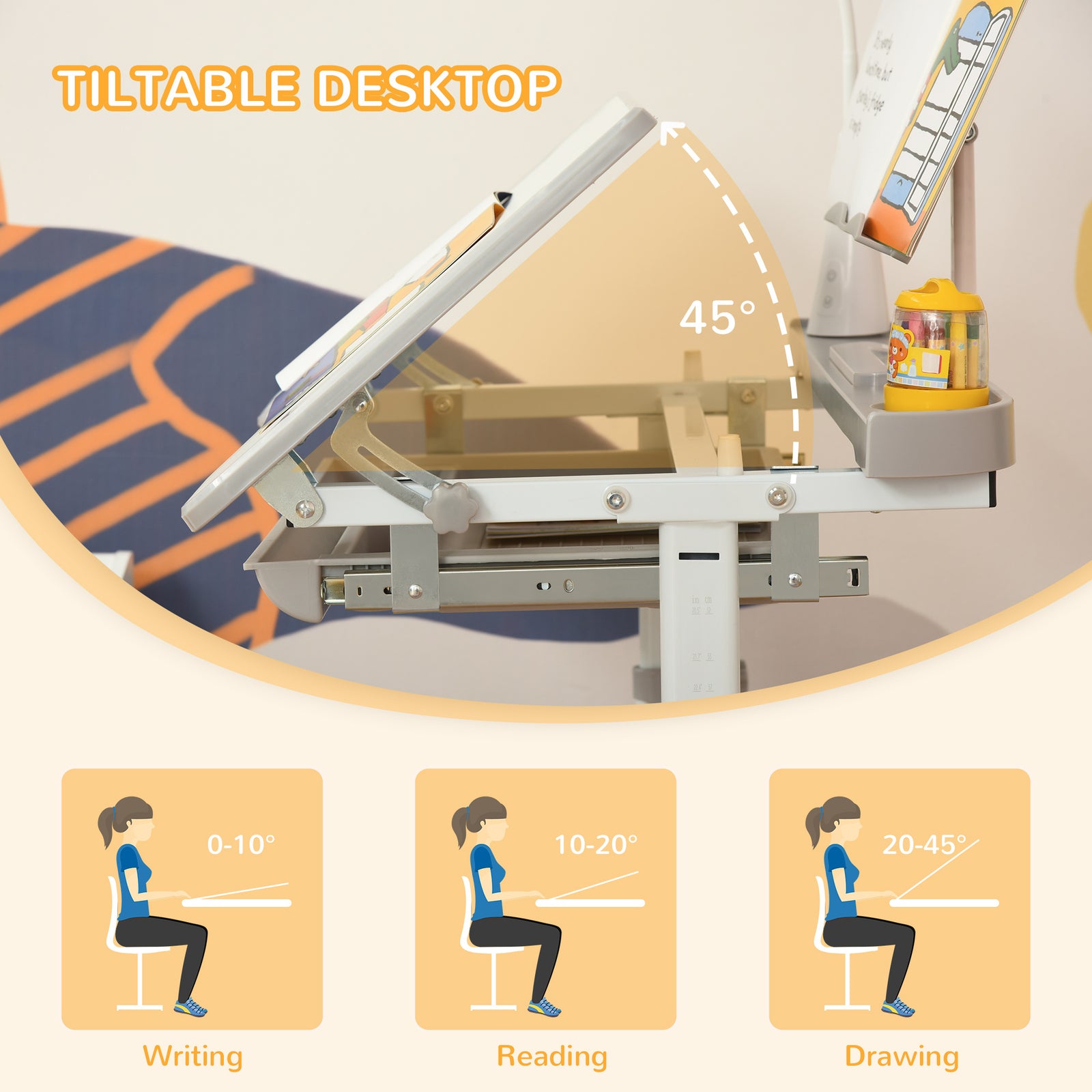 Kids Study Desk And Chair Set W/ Usb Lamp, Adjustable Height | Gray