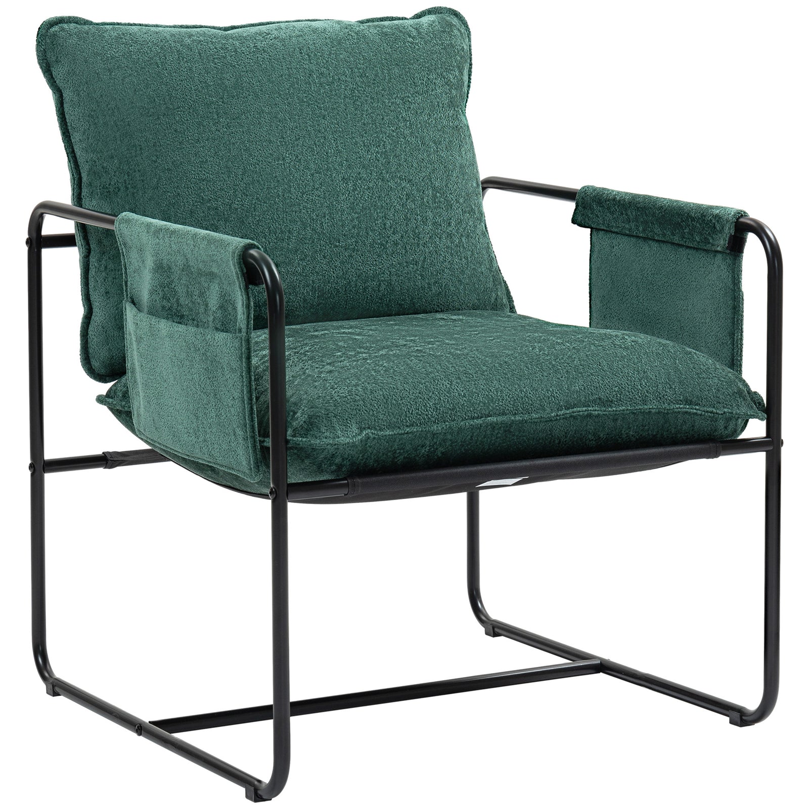 Upholstered Reading Chair With Side Pockets And Steel Frame | One Size | Green