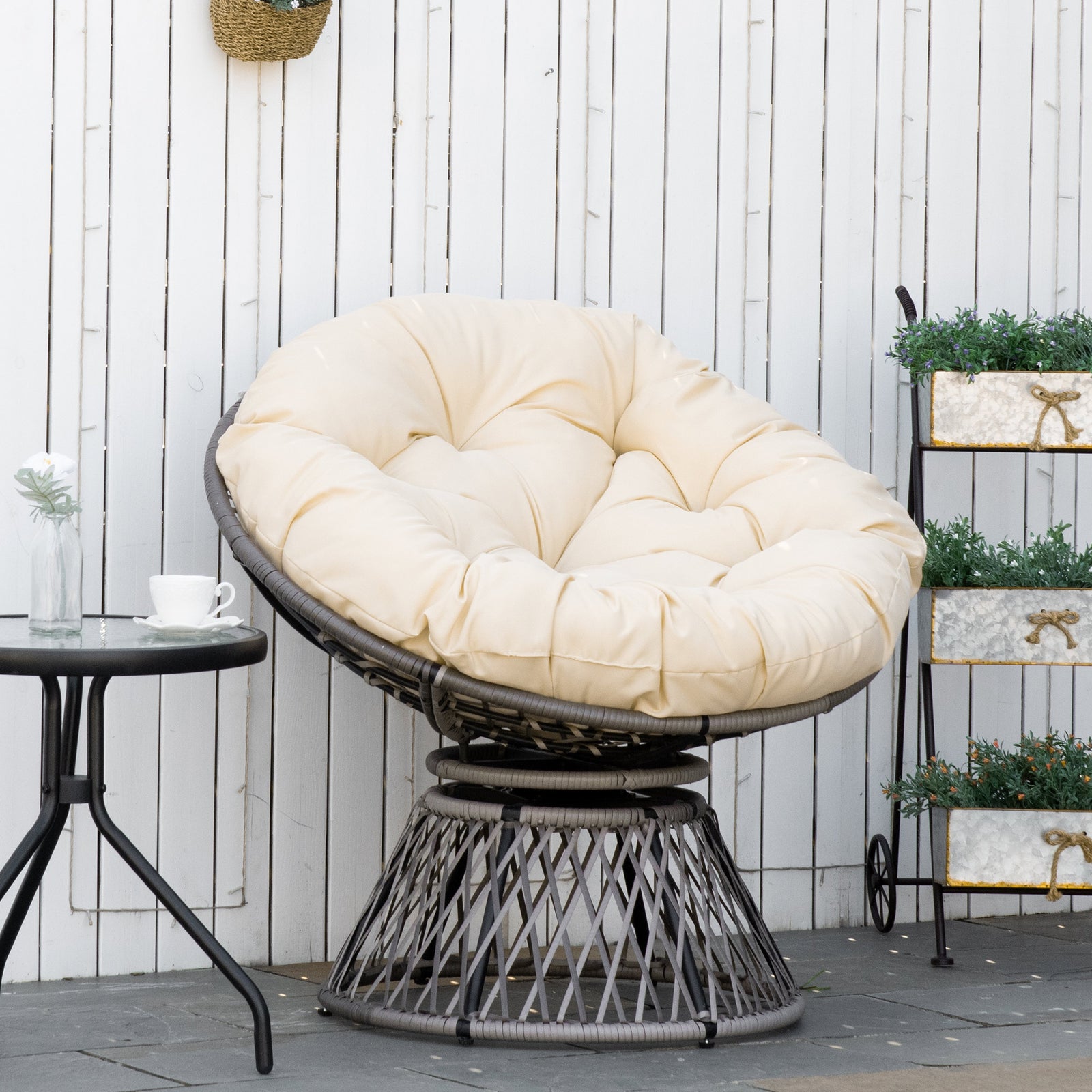 360 Degree Swivel Rattan Papasan Moon Bowl Chair Round | Beige