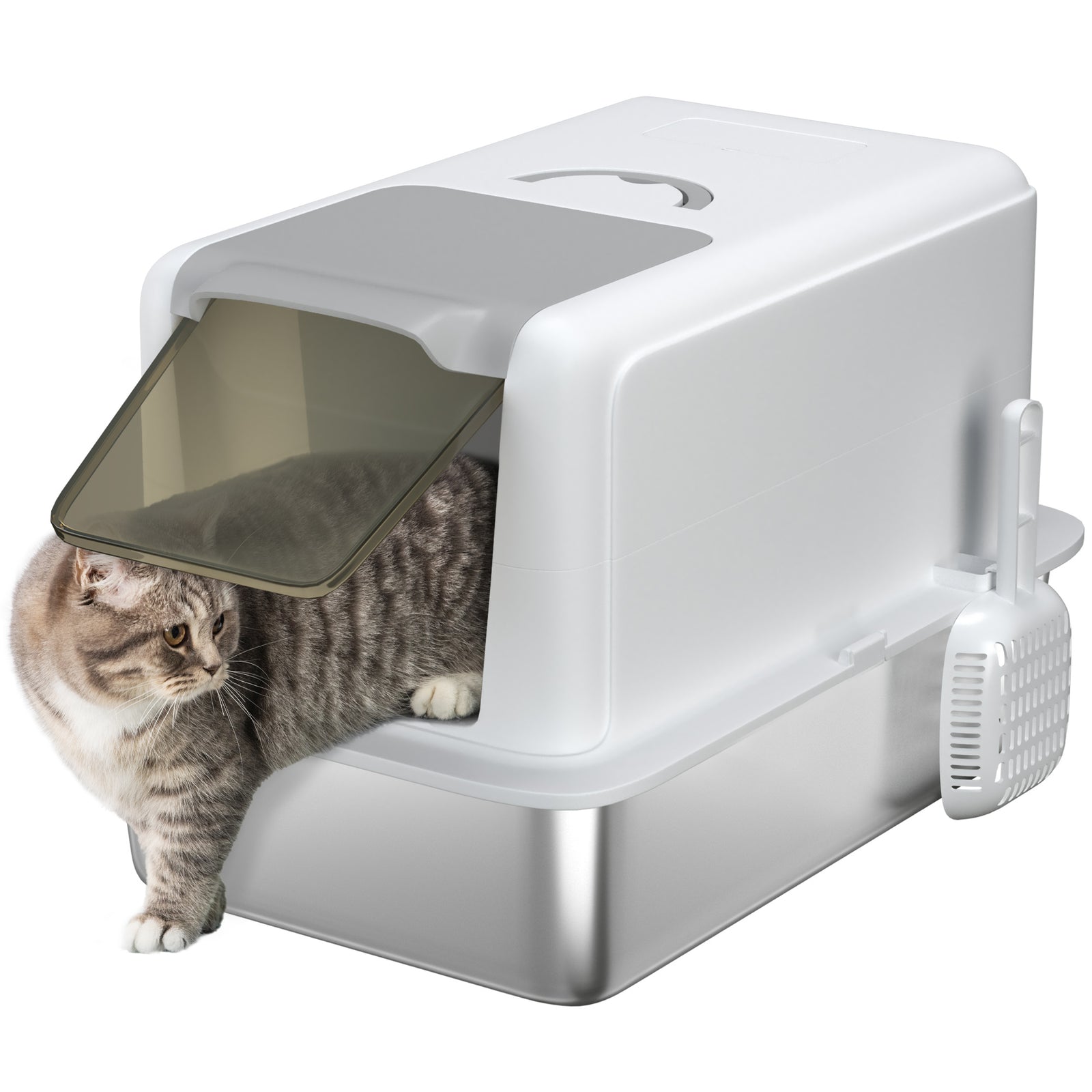 Stainless Steel Cat Litter Box With Removable Lid & Scoop, White