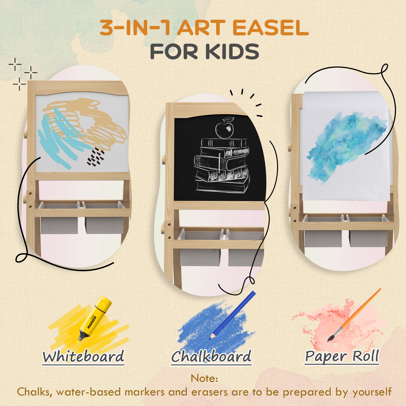 3 In 1 Kids Easel With Paper Roll, Storage Baskets - Natural