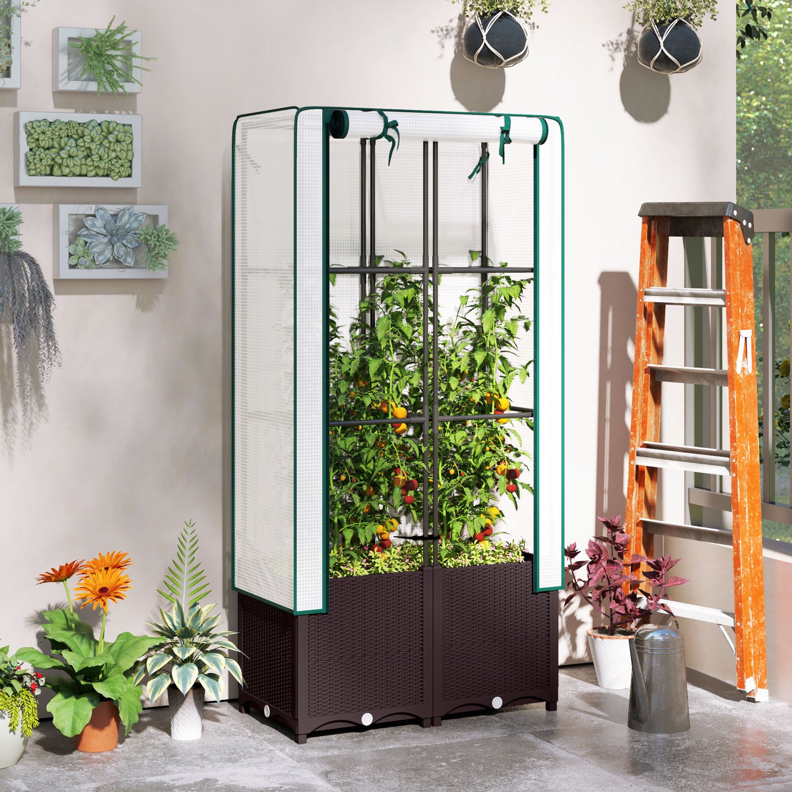 Raised Garden Bed With Trellis, Plastic Planter Box