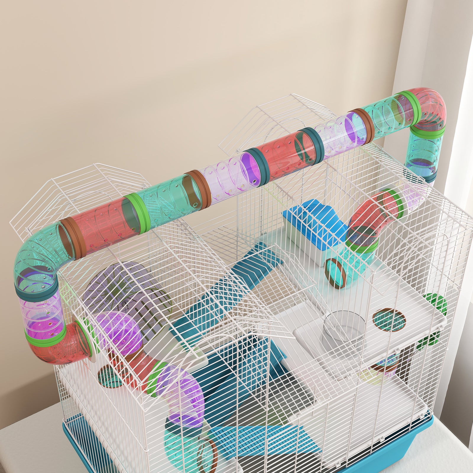 Pawhut 4 Tier Hamster Cage With Tubes, For Drawf, 58 X 36 X 65cm, Light Blue