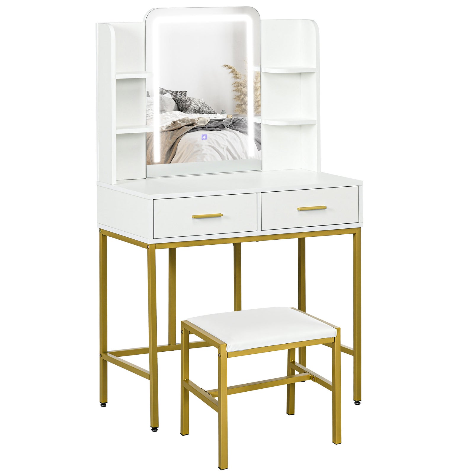 Makeup Vanity Desk Set With Lighting Mirror, Stool, Drawers