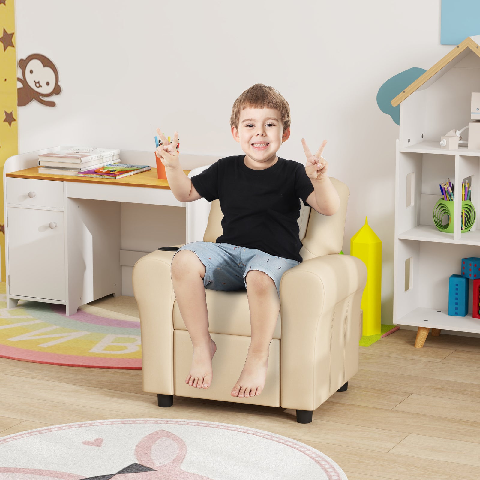 Kids Recliner Chair With Adjustable Backrest And Footrest, Beige