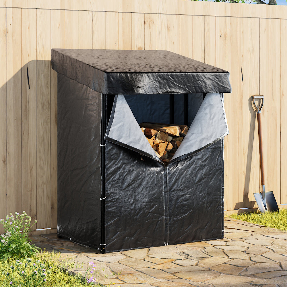 Firewood Rack With Rain Cover Outdoor Galvanised Steel Storage | Small | Black