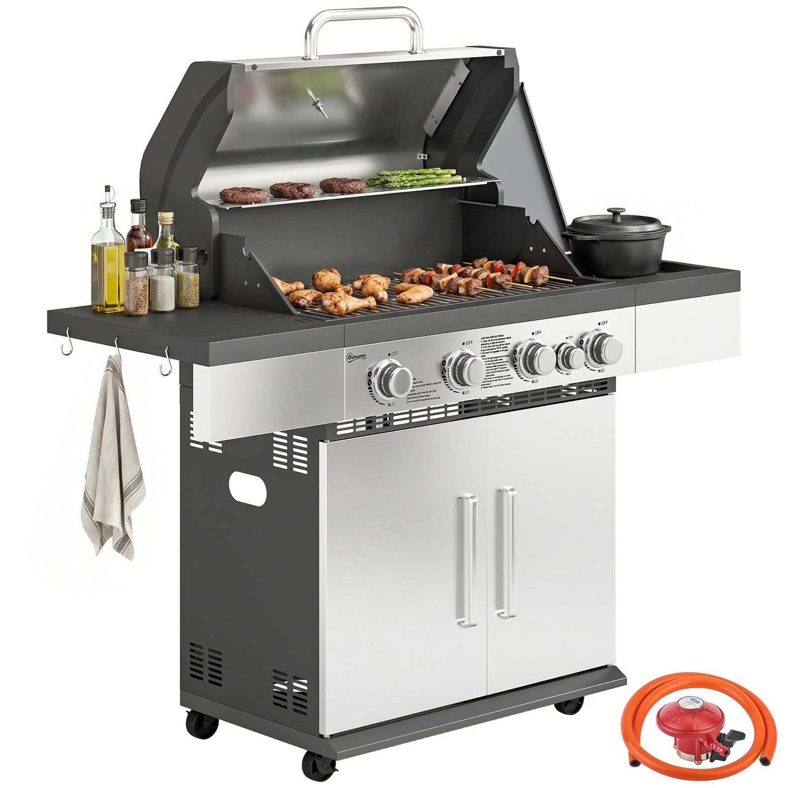 4+1 Burner Gas Bbq Grill, Portable Gas Barbecue Grill
