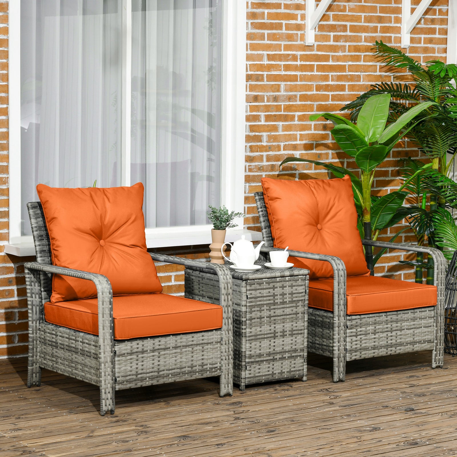 3 Pcs Pe Rattan Garden Sofa Set W/ 2 Chairs & Storage Table | Orange