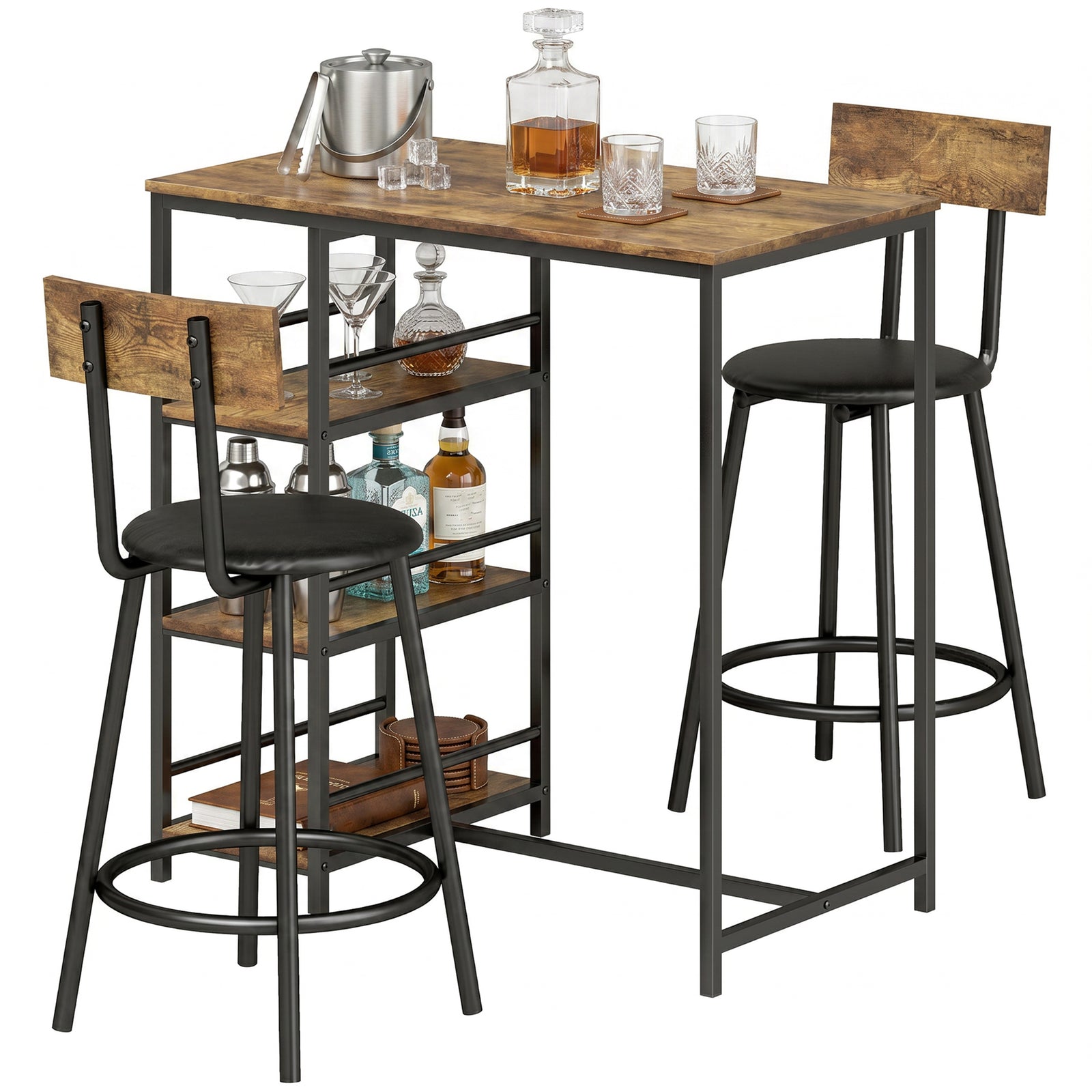 HOMCOM Space Saving Bar Table And Pu Leather Stools For 2, Rustic Brown