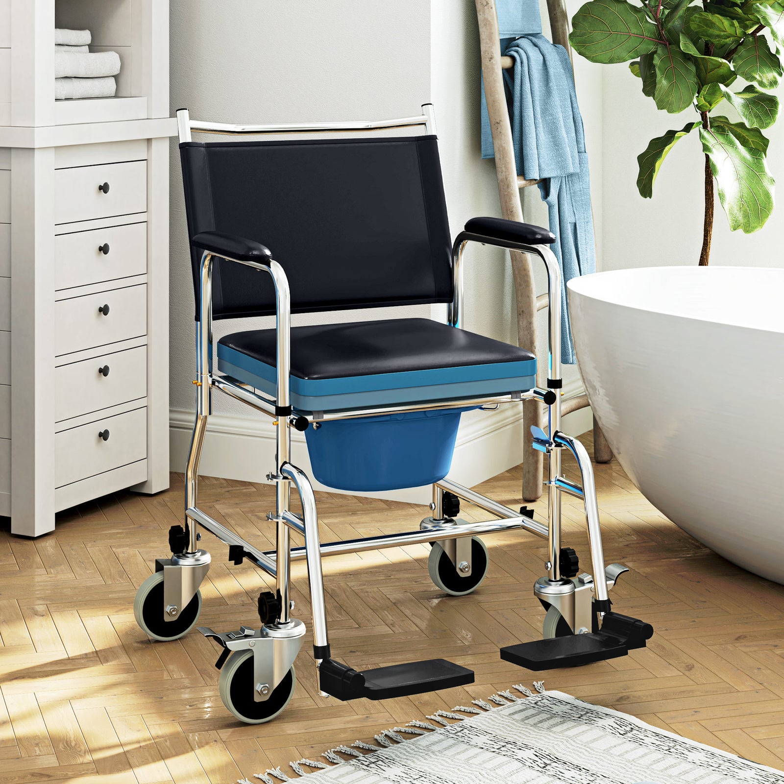 Shower Wheelchair, Commode Wheeled Chair With Padded Seat