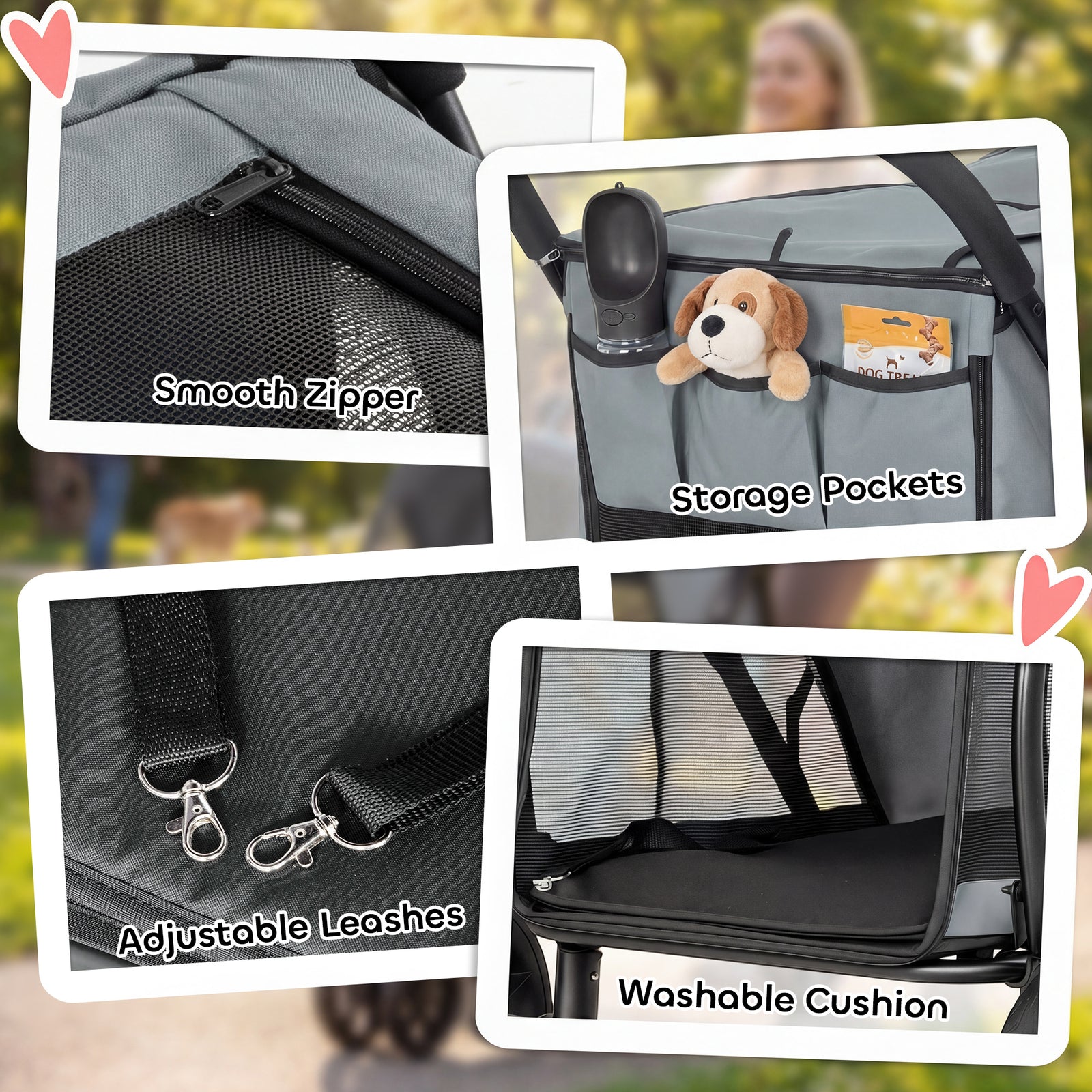 Dog Stroller, 3 Wheels Pet Stroller With Easy One-click Quick Fold | Grey