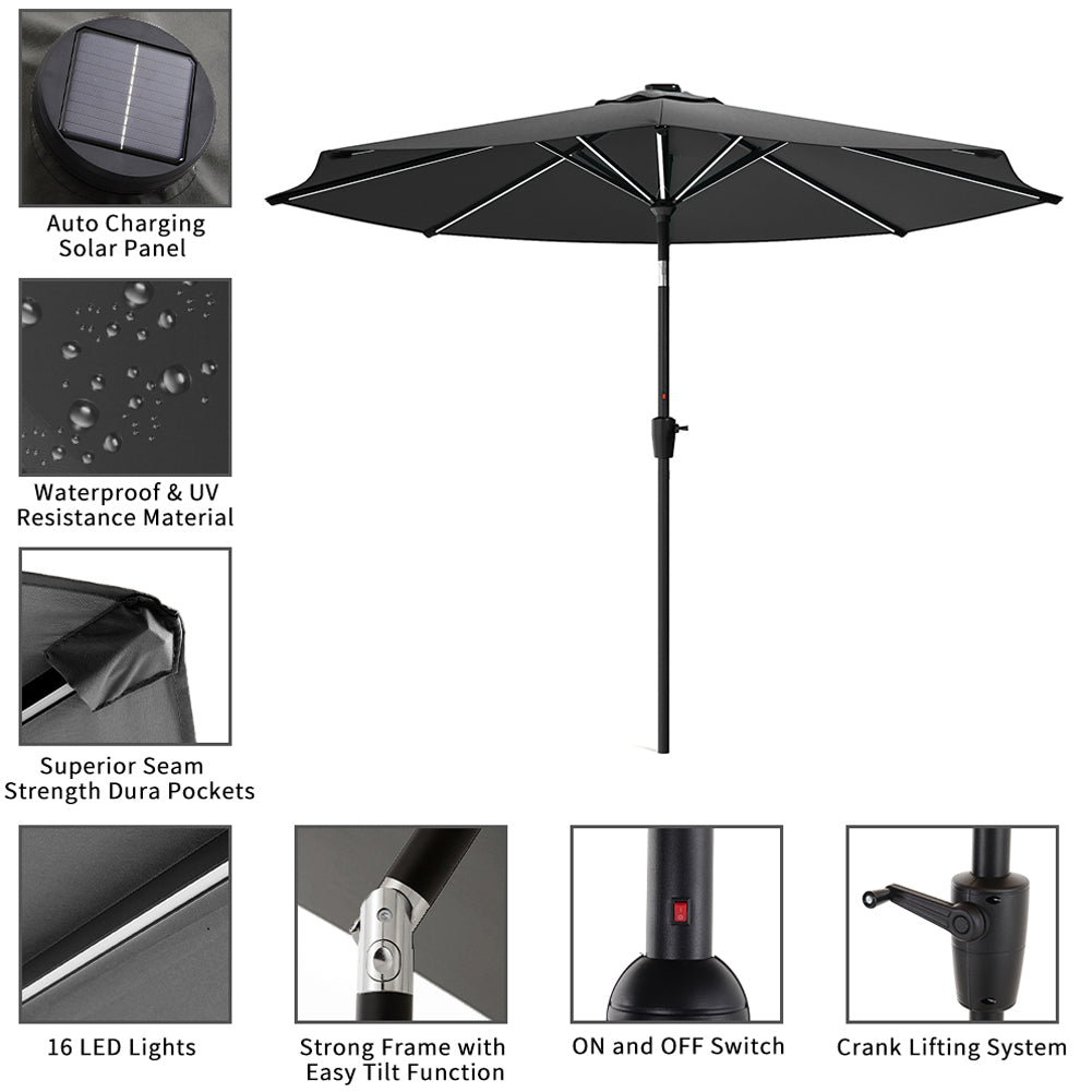 3m Solar Led Patio Umbrella, Outdoor Parasol With 16 Led Tubes, Crank Lift & Push Button Tilt Without Base | One Size | Dark Grey