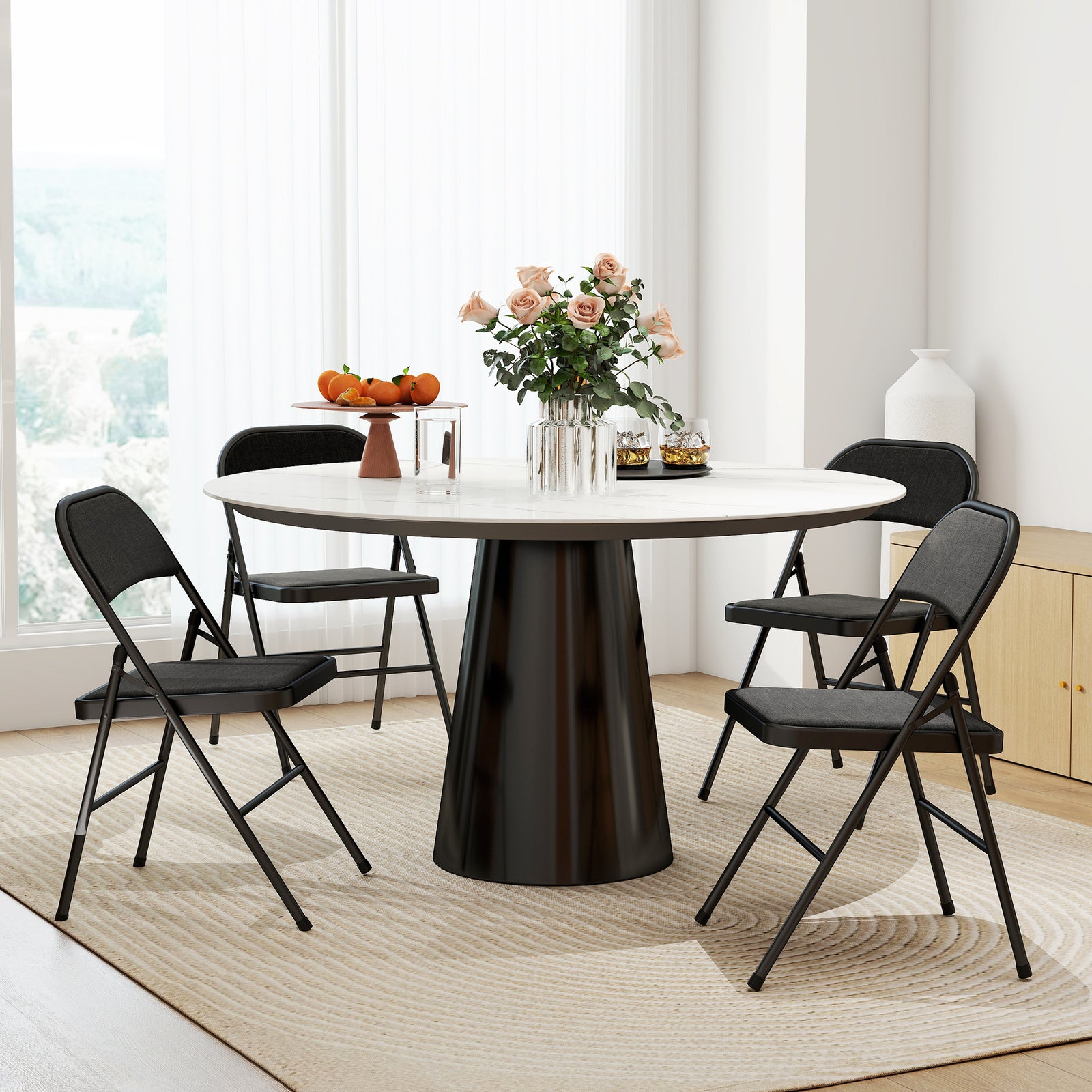 HOMCOM 4 Pack Linen-look Padded Folding Chairs With Cushioned Seat Black