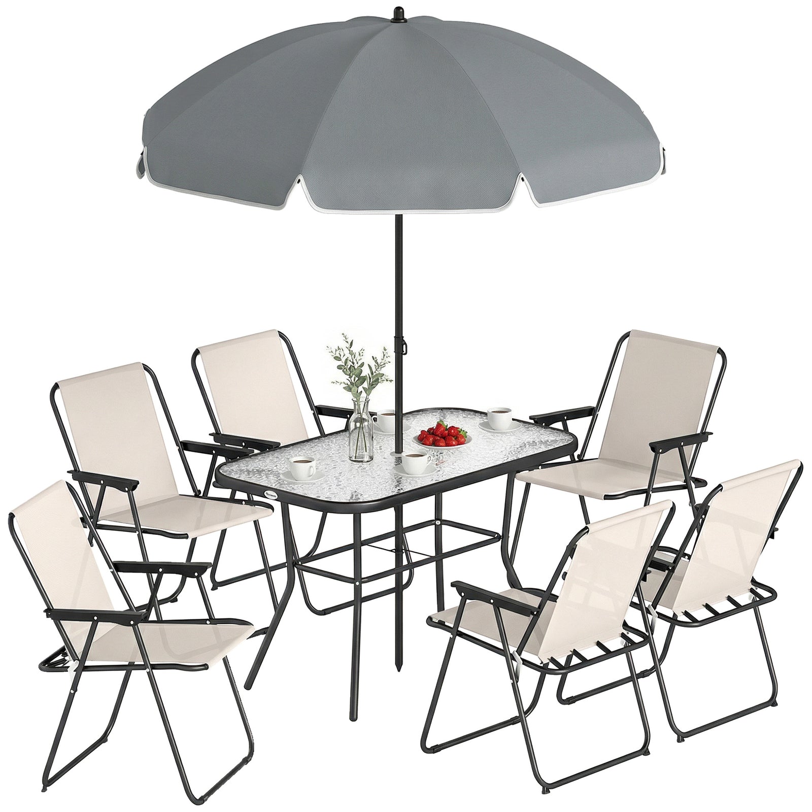 8 Piece Garden Dining Set With 6 Folding Chairs And Umbrella | Cream